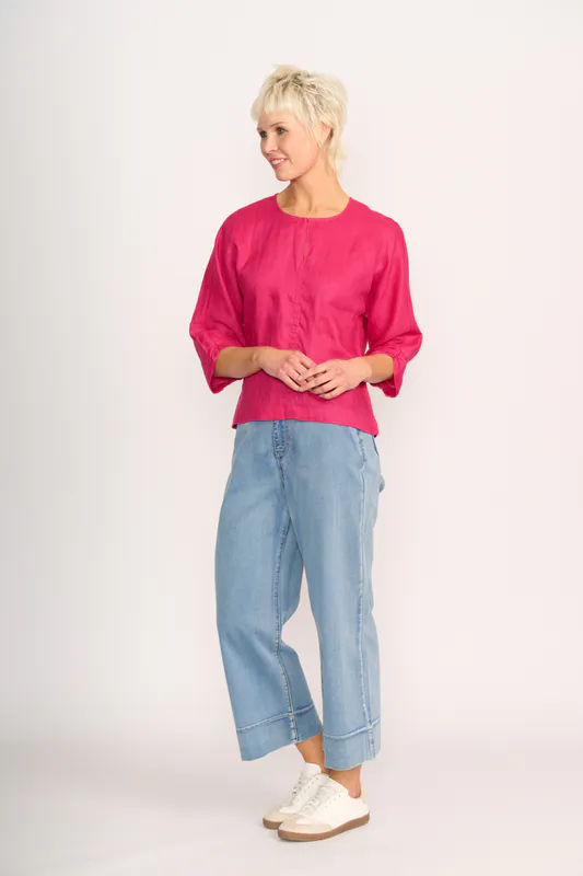 Model wearing Pink Plot Twist Top By Foil Available at Beetees Nelson