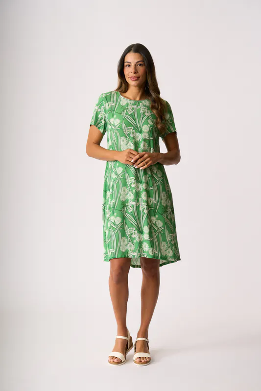 Model wearing Ode Dress - Swing Back By Foil Available at Beetees Nelson