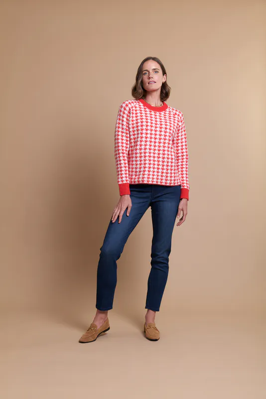 Model wearing Red/Vanilla Coloured Jumper - Houndstooth Rib By Foil Available at Beetees Nelson