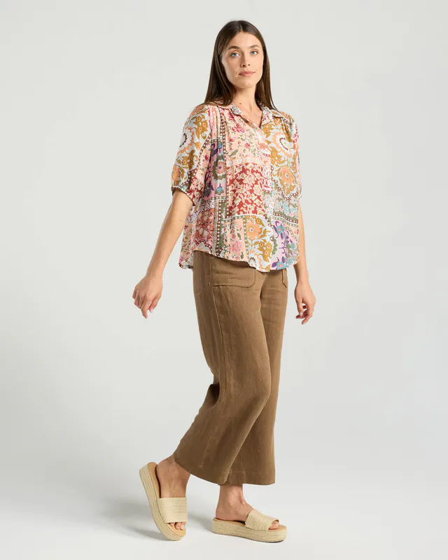 Model wearing Pink Multi Darrell Gathered Waist Top By Blackstone Available at Beetees Nelson