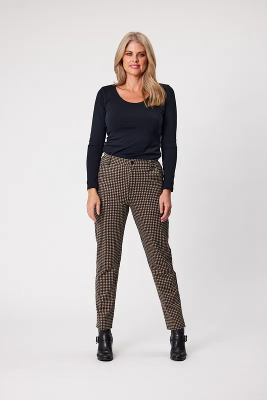 Model wearing Black/Grey Coloured Hailey Print Side Elastic Waist Pant By Democracy Available at Beetees Nelson