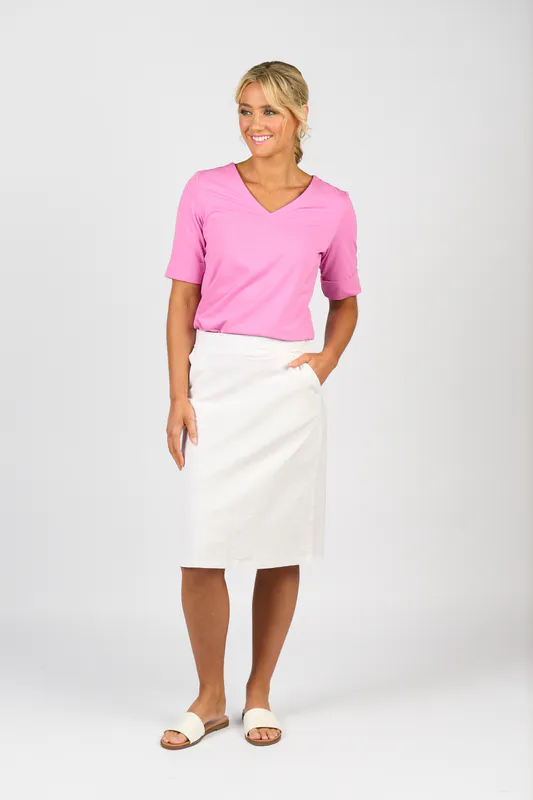 Model wearing Orchid V Neck Top By Vassalli Available at Beetees Nelson