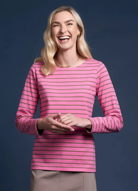 Model wearing Pink/ Mocha Stripe Lyttelton Top By Charlie Brown Available at Beetees Nelson