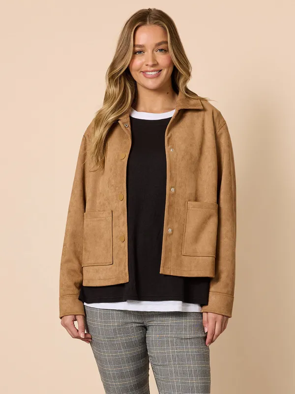 Model wearing Caramel Downtown Suede Jacket By Threadz Available at Beetees Nelson