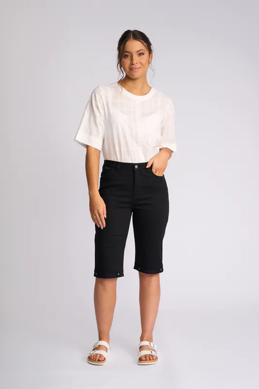 Model wearing Black Custom Poplin Short By Vassalli Available at Beetees Nelson