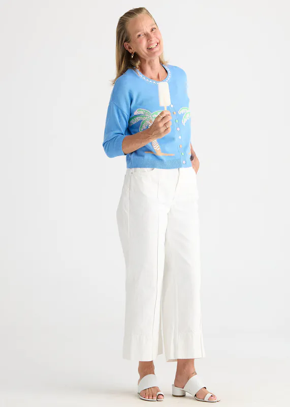 Model wearing Bluebell Island Cardi By Zaket & Plover Available at Beetees Nelson
