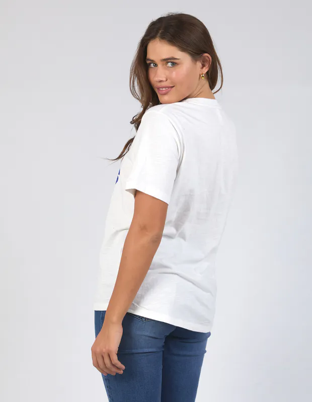 Model wearing Marshmallow Madeleine Stamper Tee By Elm Available at Beetees Nelson
