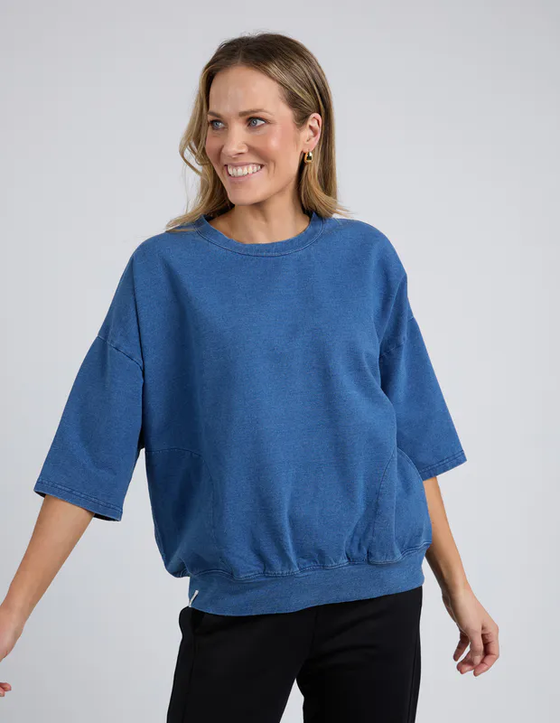 Model wearing Blue Mazie Sweat - Denim Look By Elm Available at Beetees Nelson