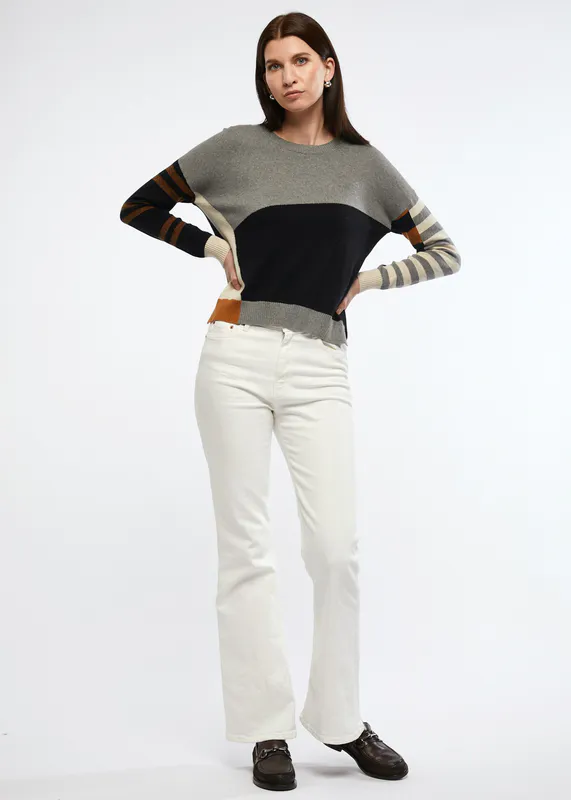 Model wearing Cloud Coloured Eclectic Intarsia Jumper available at Beetees Nelson