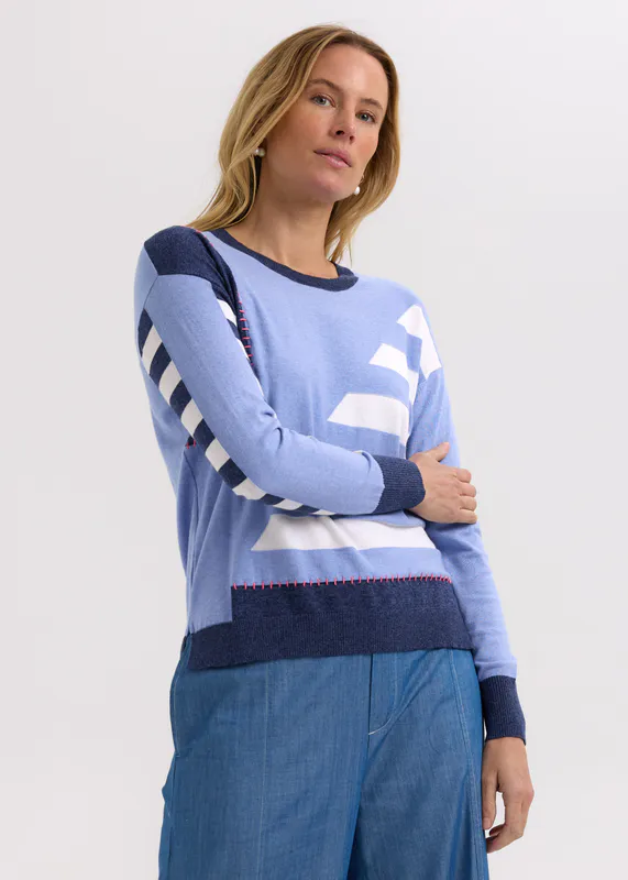 Model wearing Blueberry Hand Work Intarsia Jumper By Zaket & Plover Available at Beetees Nelson
