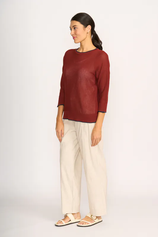 Model wearing Spice & Navy Contrast Edge Jumper By OH Three Available at Beetees Nelson