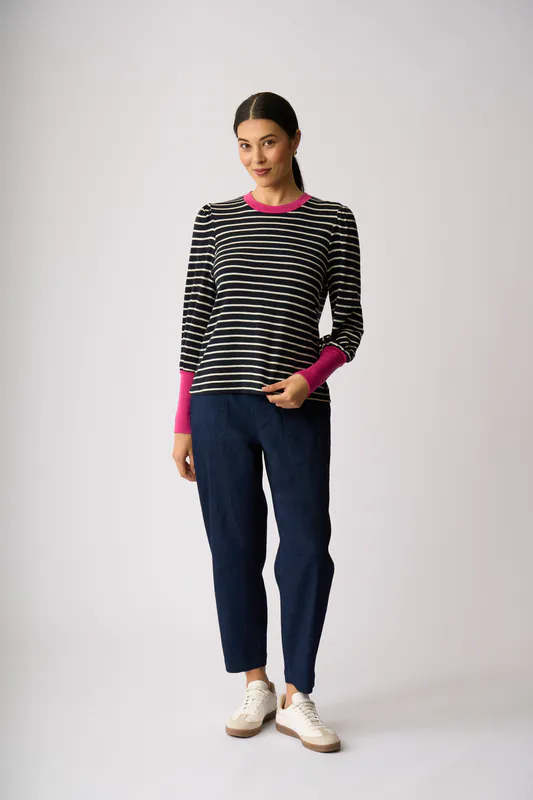 Model wearing Trupe Navy Stripe Contrast Trim Jumper By Foil Available at Beetees Nelson