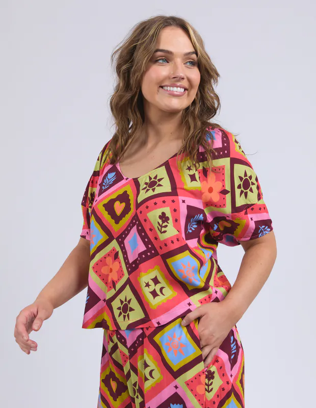 Model wearing Geo Print Rhode Top By Elm Available at Beetees Nelson
