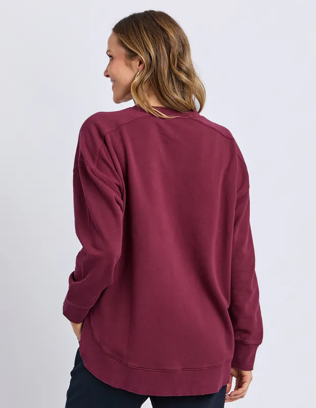 Model wearing Plum Established Crew By Elm Available at Beetees Nelson