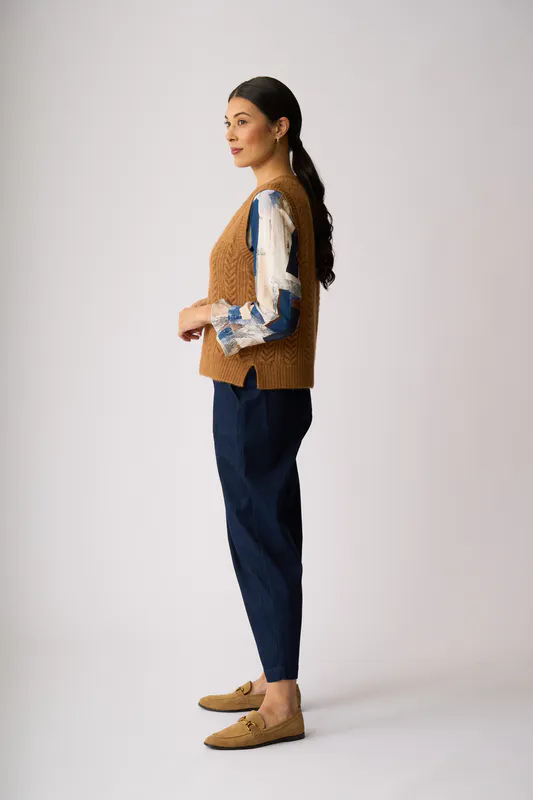 Model wearing Ginger Cable Knit Vest By Memo Available at Beetees Nelson