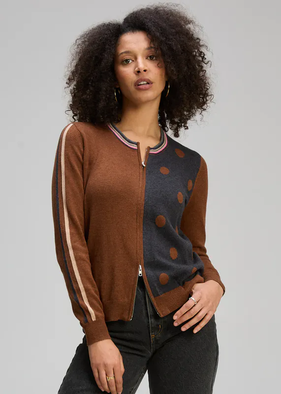 Model wearing Coffee Stripe Spot Zip Up Jumper By Zaket & Plover Available at Beetees Nelson