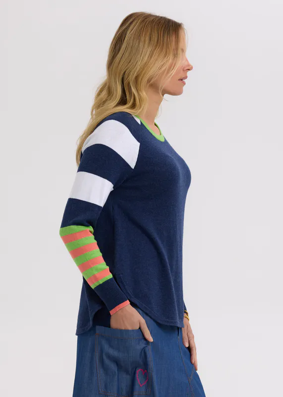 Model wearing Denim My Happy Jumper By Zaket & Plover Available at Beetees Nelson