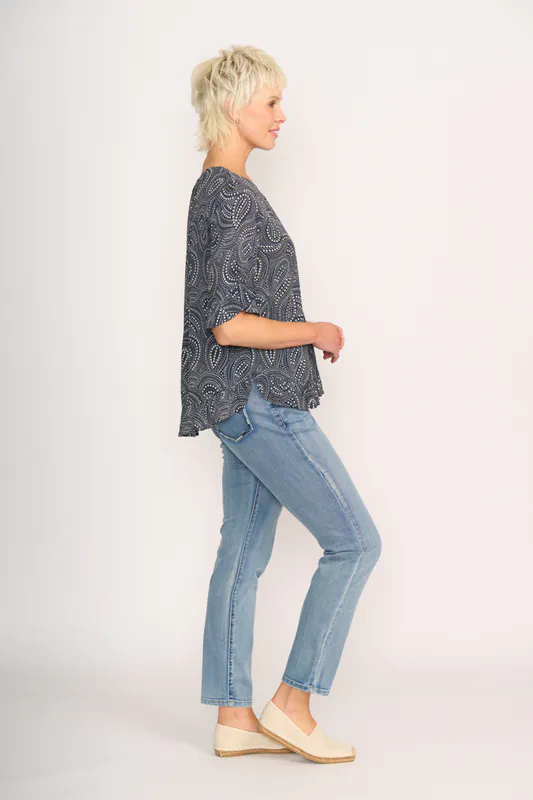 Model wearing Midnight Stars Ruffle Sleeve Top By Foil Available at Beetees Nelson