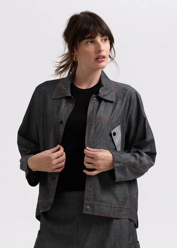 Model wearing Industrial Denim Denim Shaket By Zaket & Plover Available at Beetees Nelson