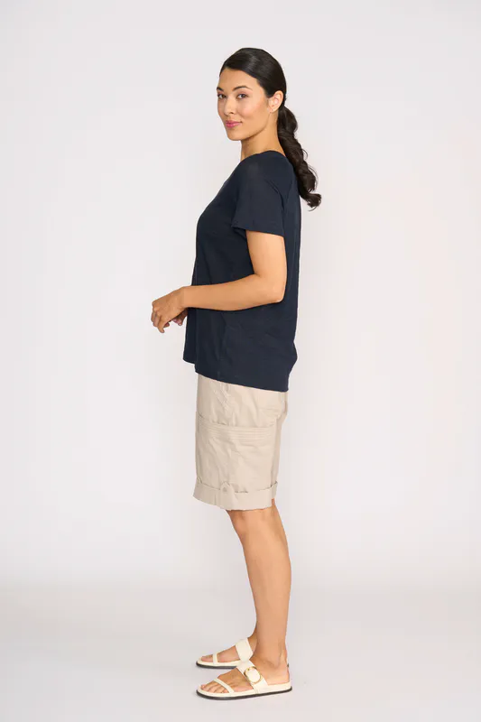 Model wearing True Navy Sew Cute Top By Foil Available at Beetees Nelson