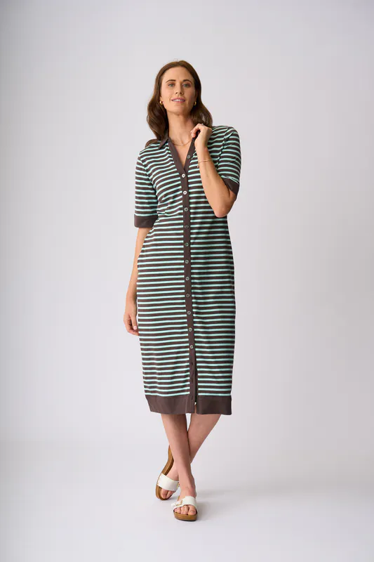 Model wearing Chocolate Seabreeze Roxburgh Dress By Charlie Jane Available at Beetees Nelson