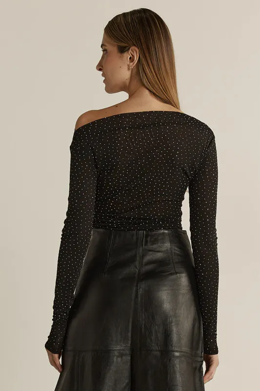 Model wearing Black Sora Studded Top By Fate & Backer Available at Beetees Nelson