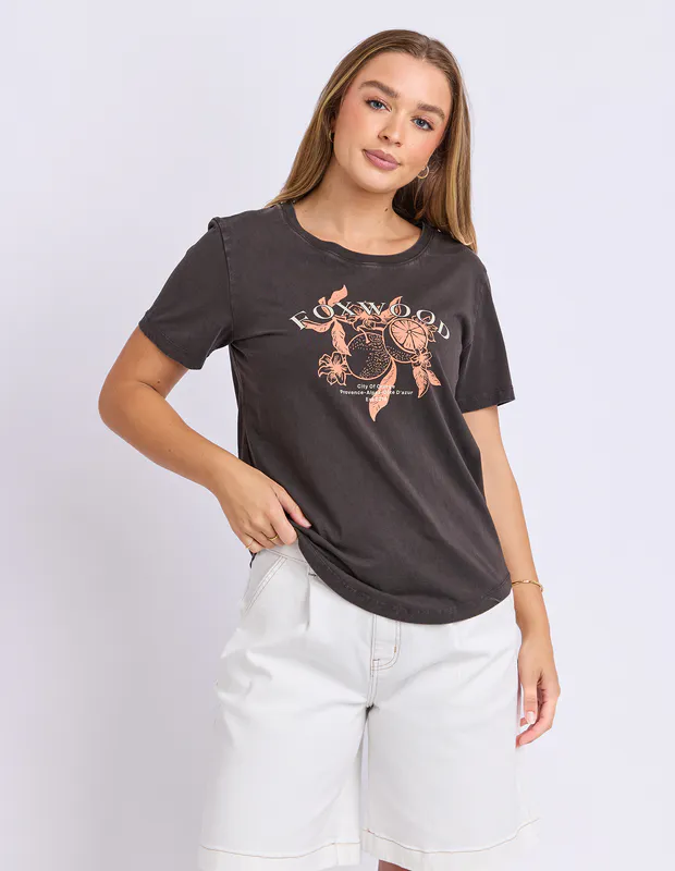 Model wearing Washed Black Citrus Tee By Foxwood Available at Beetees Nelson