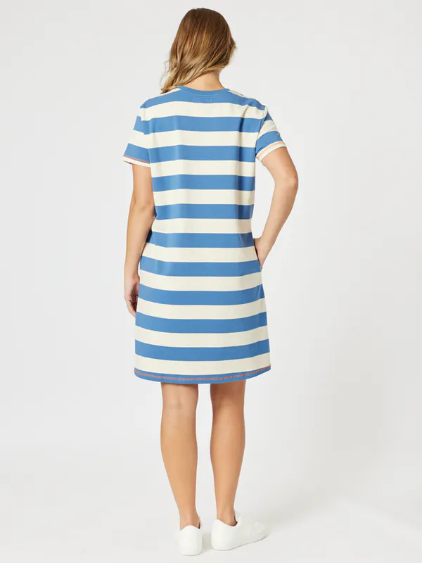 Model wearing Blue/Natural Love & Kisses Dress By Threadz Available at Beetees Nelson