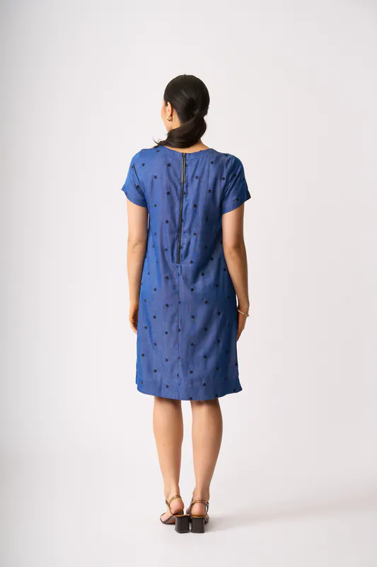 Model wearing Blue Spot On A Line Dress By Oh Three Available at Beetees Nelson