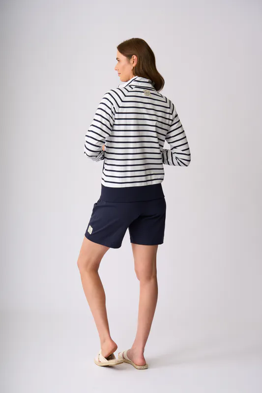 Model wearing White Navy Stripe Featherson Zip Sweater By Charlie Jane Available at Beetees Nelson