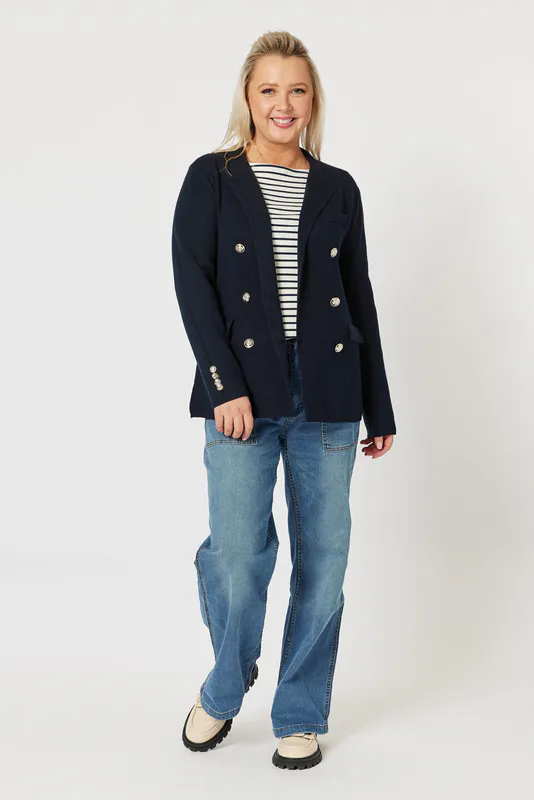 Model wearing Navy Lucy Knit Jacket By Gordon Smith Available at Beetees Nelson