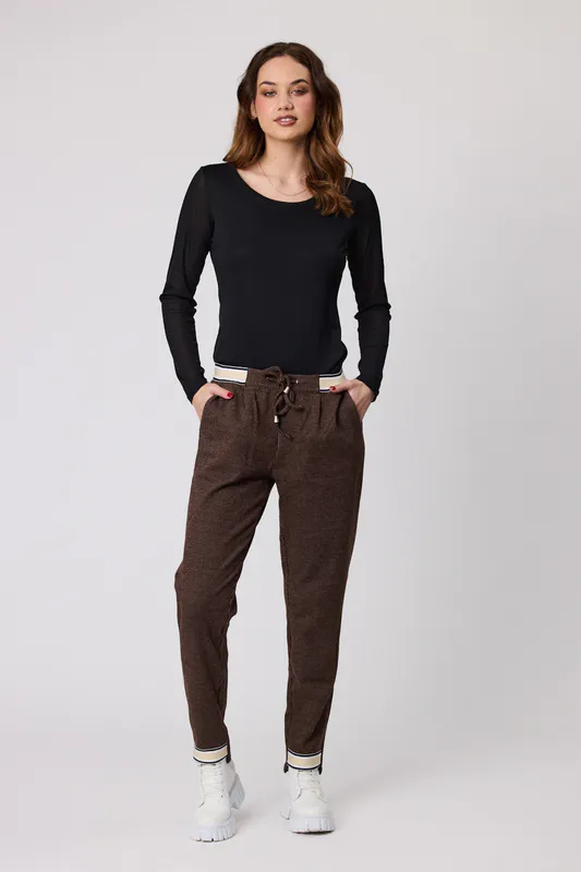 Model wearing brown Coloured Trixie Stripe Pant By Classified Available at Beetees Nelson