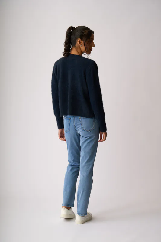 Model wearing Midnight Fluffy Scoop Cardigan By Foil Available at Beetees Nelson