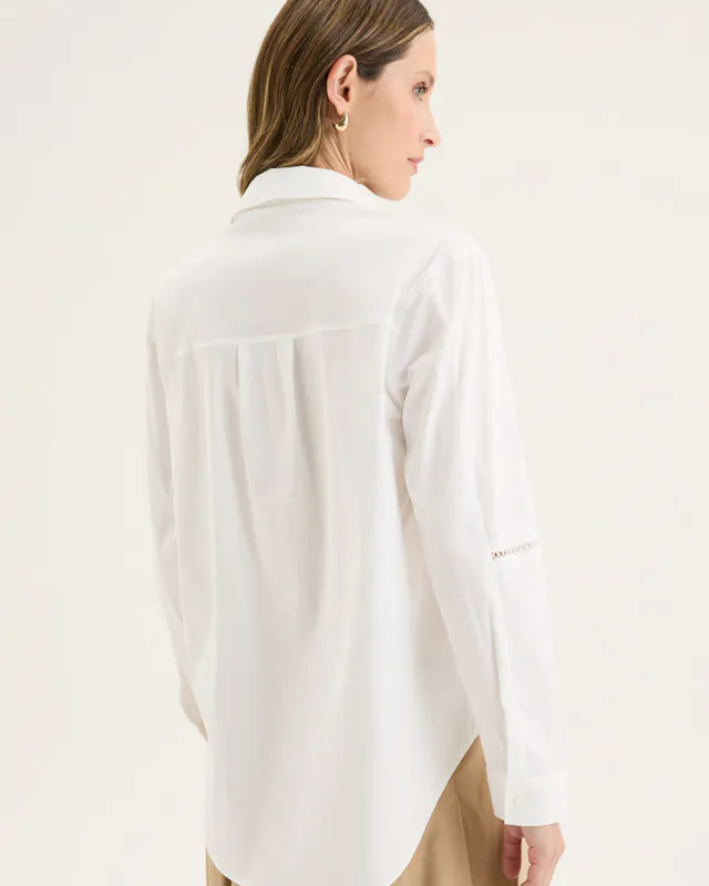 Model wearing White Pedirika Shirt By Yarra Trail Available at Beetees Nelson