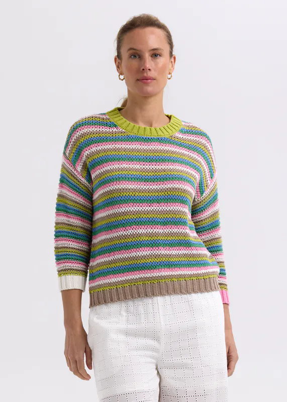 Model wearing Chartreuse Chunky Stripe Jumper By Zaket & Plover Available at Beetees Nelson