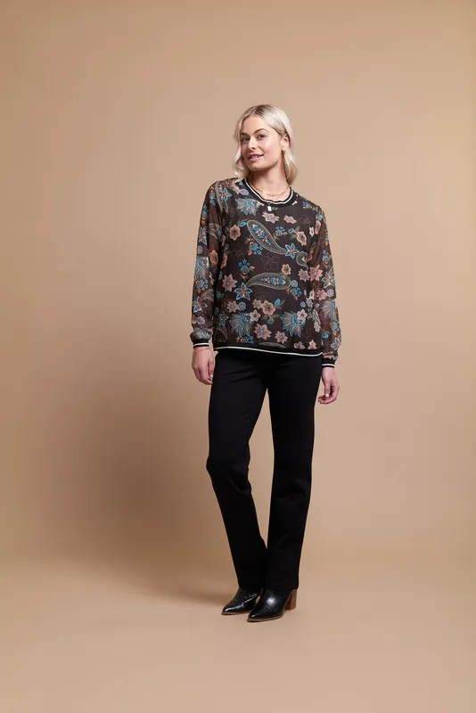 Model wearing Chocolate Delight Coloured Top - Sheer Sleeve, Rib Detail By Oh Three Available at Beetees Nelson