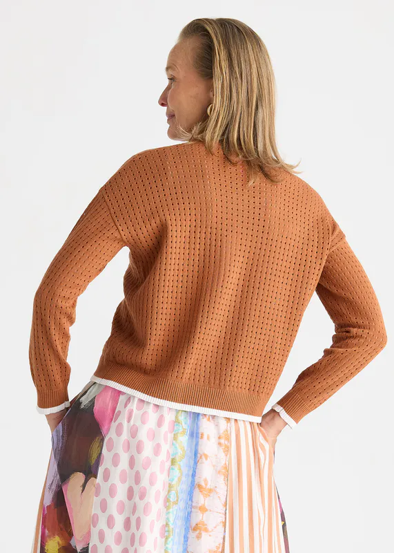 Model wearing Toffee Pointelle Zip Cardi By Zaket & Plover Available at Beetees Nelson