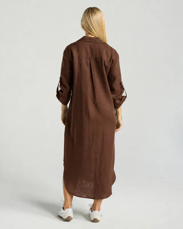 Model wearing Chocolate Amelie Shirt Dress By Blackstone Available at Beetees Nelson