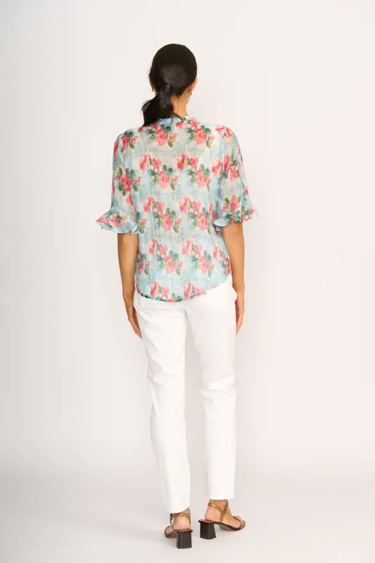 Model wearing Aqua Floral Shirt - Romantic Sleeve By Memo Available at Beetees Nelson