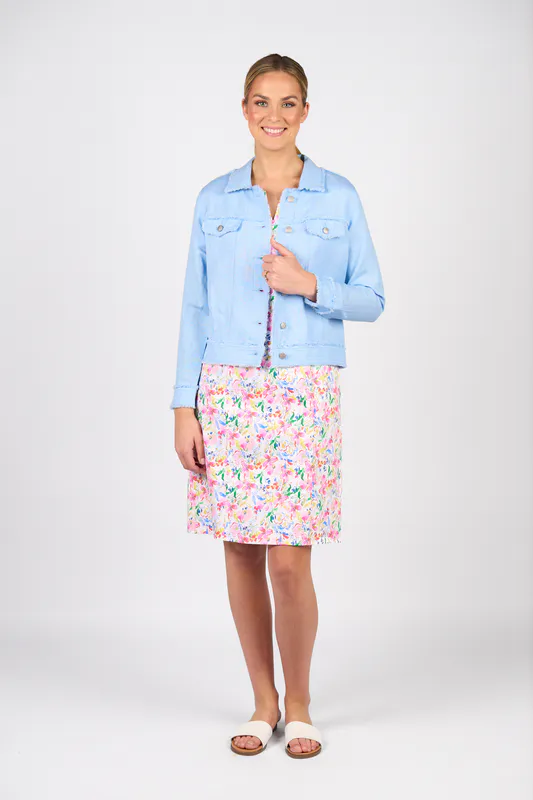 Model wearing Sky Blue Linen Jacket with Frayed Seams By Vassalli Available at Beetees Nelson