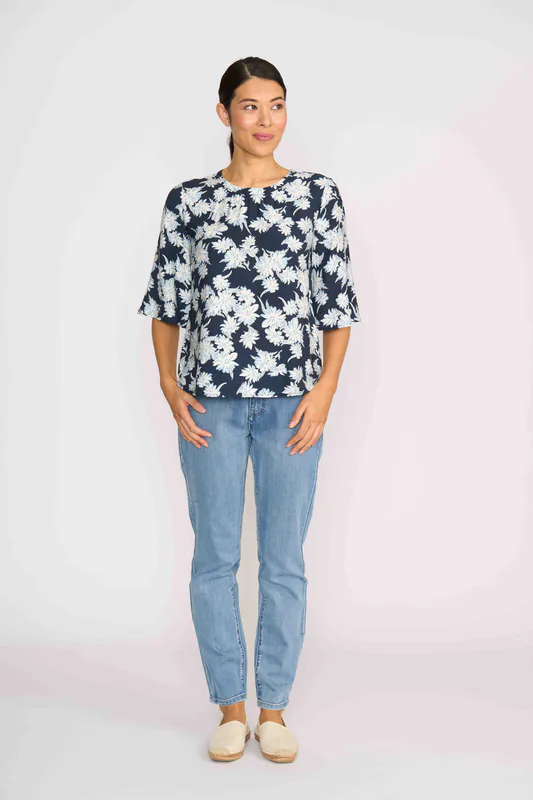 Model wearing Navy Sketch Floral Top - 3 Scoops By Foil Available at Beetees Nelson