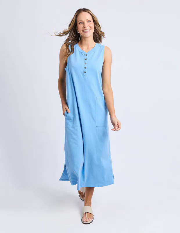 Model wearing Navy Elysian Dress By Elm Available at Beetees Nelson