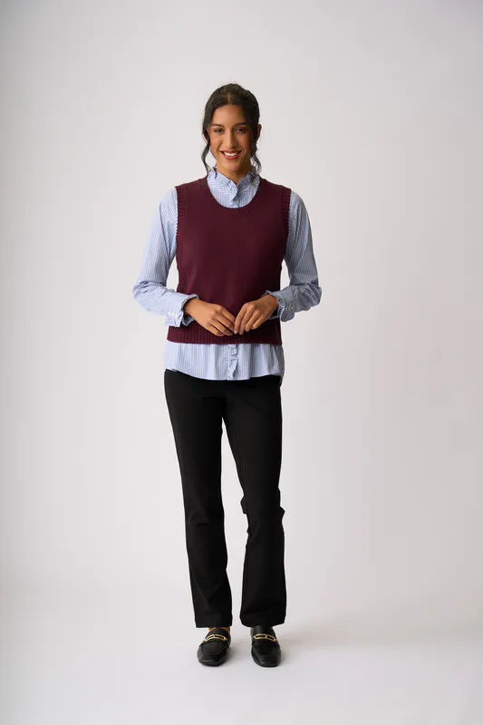 Model wearing Black Cherry Vest Day Ever Vest By Memo Available at Beetees Nelson