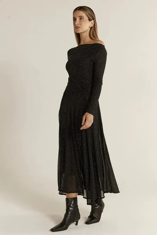 Model wearing Black Sora Studded Dress By Fate & Becker Available at Beetees Nelson
