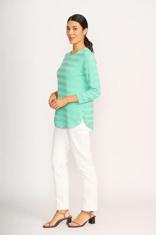 Model wearing Mint Jumper - Stripe Scoop By Foil Available at Beetees Nelson