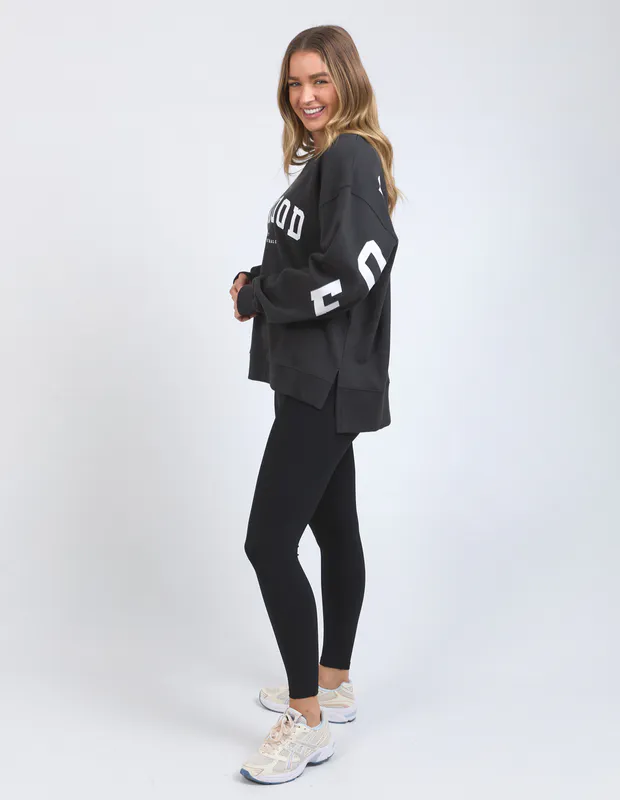 Model wearing Dark Grey Interval Crew By Foxwood Available at Beetees Nelson