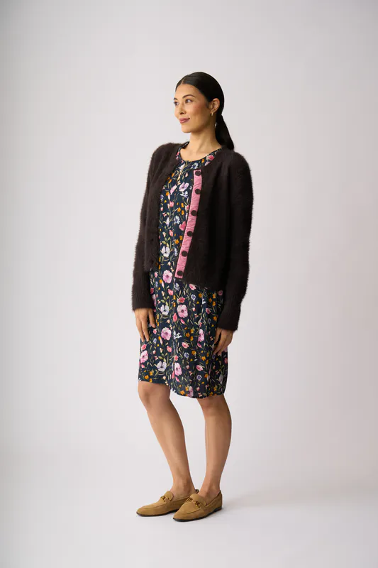 Model wearing Chocolate Fluffy Scoop Cardigan By Foil Available at Beetees Nelson