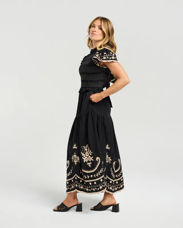 Model wearing Black Mia Dress By NMBR Rose Available at Beetees Nelson