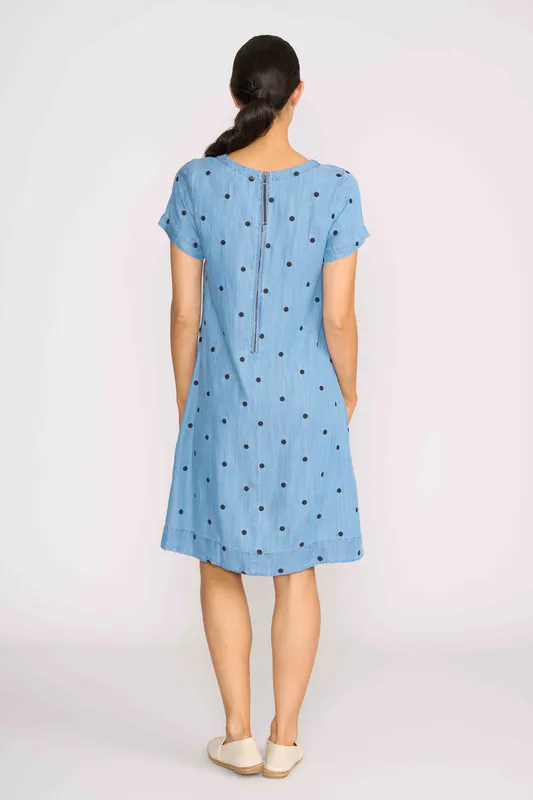 Model wearing Blue Spot Short Sleeve A Line Dress By OH Three Available at Beetees Nelson