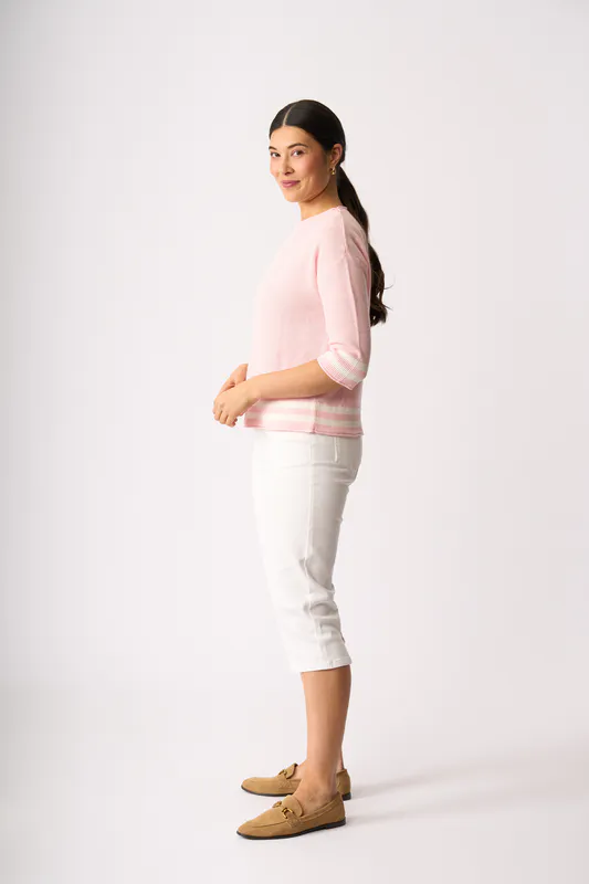 Model wearing Blush Contrast Rib Jumper By Oh Three Available at Beetees Nelson
